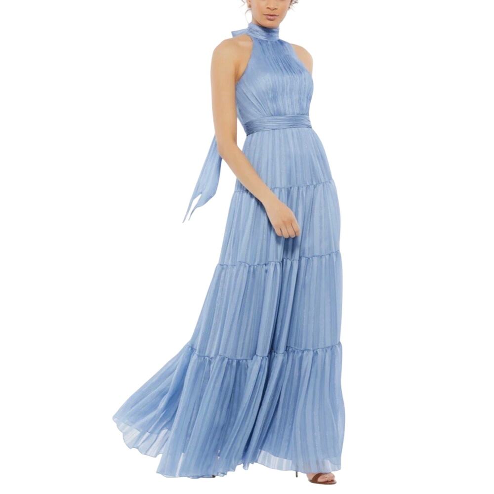 Mac Duggal Sky Blue Pleated Halter Tiered Maxi Gown